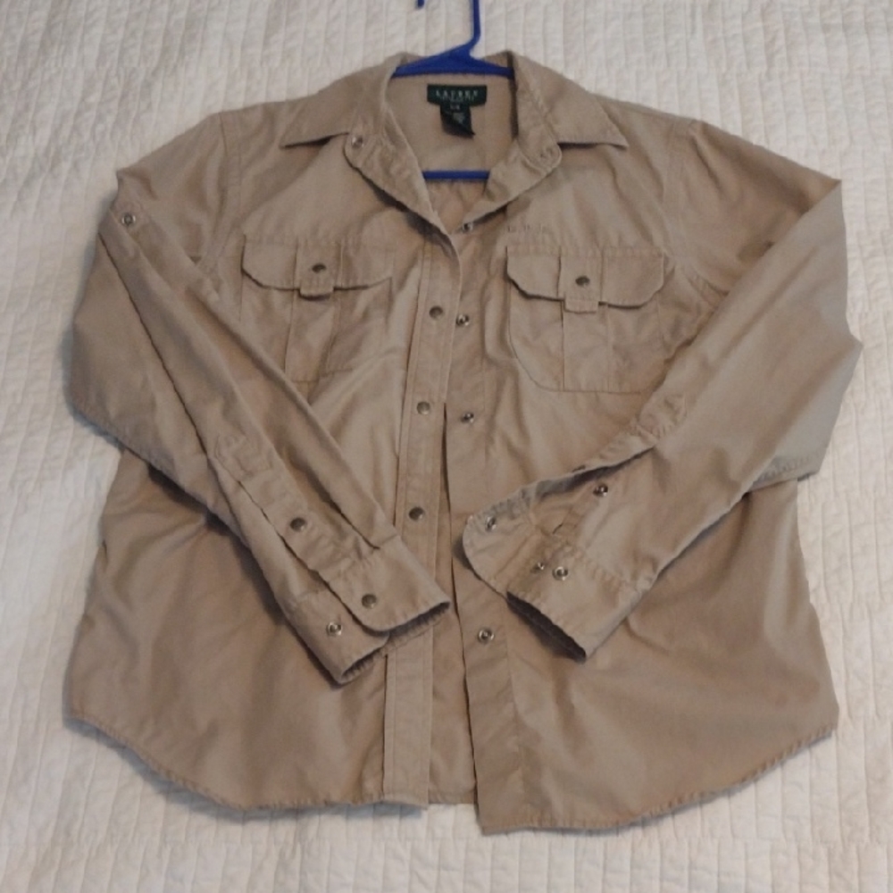 Lauren Ralph Lauren Safari Khaki Tan Button Down Snap Petite Small Fits Medium